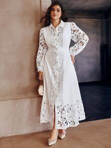 Simplee Plus Size Women's Elegant Lace Patchwork Front Button Long Dress, Suitable For Party And Vacation Wear, Spring/Summer - White - View 2
