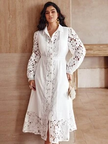 Simplee Plus Size Women's Elegant Lace Patchwork Front Button Long Dress, Suitable For Party And Vacation Wear, Spring/Summer - White - View 4
