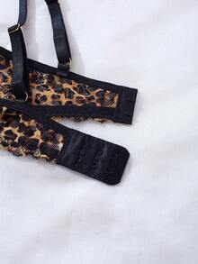 Women's Lingerie Set, Black Leopard Lace Trim With Gold Chain, 1/4 Cup Open Slit Hollow Design - Black - View 7