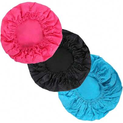 Gorras para baño, ducha, regadera impermeables y reutilizables con plástico grueso y resorte para el cuidado del cabello con tamaño único, cómodo y , que se adapta a la mayoría de las cabezas y tipos de cabello, 3 piezas (Rosa, negro, azul)