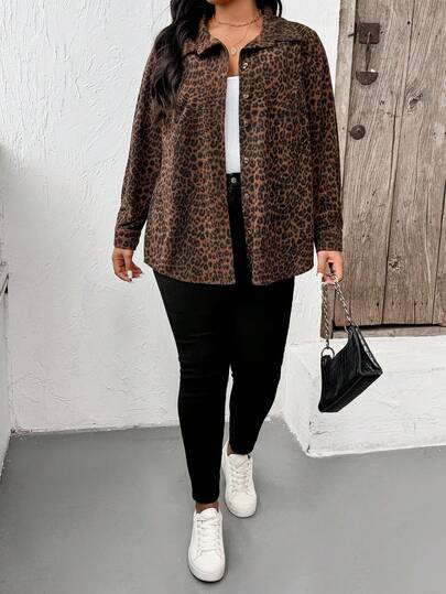 Plus Size Casual Leopard Print Long Sleeve Jacket, With Collar, Knitted Fabric, Regular Length, Front Button Closure Outerwear