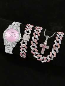 4pcs Women's Silver Strap Fashionable Casual Gorgeous Rhinestone Roman Scale Calendar Dial Quartz Watch Bracelet Necklace Jewelry Set Suitable For Daily Wear Party Decoration Or Holiday Gifts