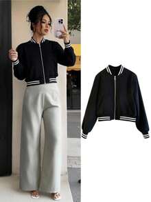 Chaqueta de manga larga con bloqueo de color en el cuello, los puños y el bajo para mujer - Negro - Ver 1