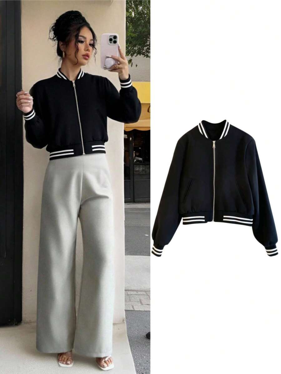 Chaqueta de manga larga con bloqueo de color en el cuello, los puños y el bajo para mujer - Negro - Ver 1