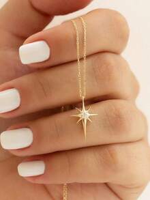1pc Dainty & Sparkly Star & Eight-Pointed Star Shaped Necklace With Versatile Style - Gold - 查看 13