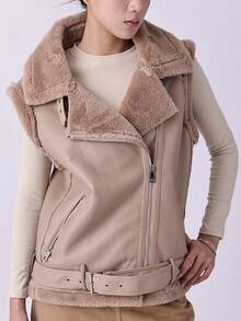 Giolshon Damen Ärmellose Weste, modische lässige Reißverschlussjacke - minimalistische Herbst Kunstlederjacke - Kamelfarben - Übersicht 10