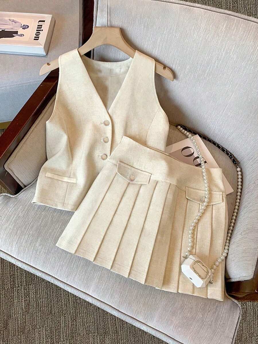 Bộ áo vest blazer thanh lịch kiểu dáng ngàn đồng xu và chân váy xếp ly chữ A cho nữ mùa xuân/hè - Màu be - Xem 1