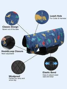 1件狗狗冬季恐龙印花羽绒服，舒适防水防风保暖宠物服装，双面可穿 - 藍色 - 查看 3