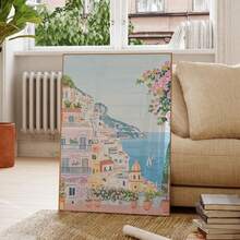 1pc, Canvas Framed Wall Art, Positano Coast Artwork, Pink Villa Decorative Painting, Mediterranean Style Decor, Italian Coastal Scenery, Folk Art Style, Spring Wall Art, Fashionable Home Decor, Room Decor, Bedroom Decor, Dormitory Decor, Living Room Decor