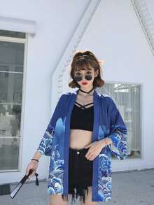 Chinese Style Retro Improved Hanfu Cardigan, New Chinese Open Jacket, Summer Kimono Robe, Lightweight Casual Outerwear - Blue - View 5