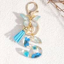 Fashionable Butterfly Tassel Flower Initial Keychain For Girl And Ladies, Blue Cute Dry Flower Dandelion Letter Key Chain, Backpack/Handbag Decoration Gift Bag Accessories Lanyards With Id Holder Car Accessories Bag Charms Christmas Car Accessories Teacher Friend Sister Gift Ideas