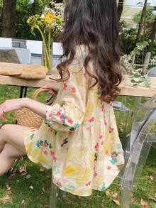 YUXIN 大码夏季新款宽松甜美七分袖圆领娃娃衫，时尚蝙蝠袖碎花衬衫，适合度假和春季穿着 - 黃色 - 查看 5