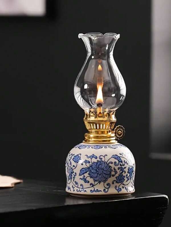 1 قطعة مصباح وقود للتخييم قابل للتعديل، مصباح زيت منزلي، مصباح زيت سيراميك أزرق وأبيض مزخرف بالزهور للاستخدام الداخلي، مصباح كيروسين مع فتيل، مصباح زيت/مصباح إعصاري مع زر التحكم بالنار