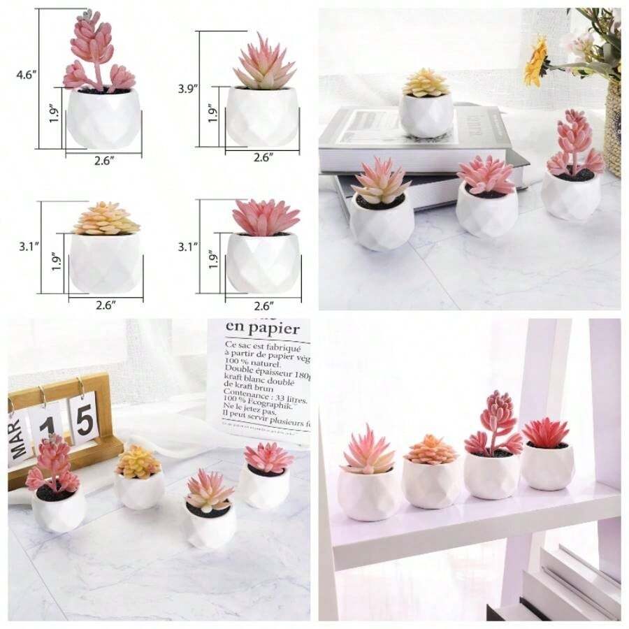 Artificial Faux Succulents In Pots, Gold Plants Women Desk, Small Realistic Faux Succulents Home Office Accessories Window Sill Bathroom Bedroom, Gold - 粉色 - 查看 1