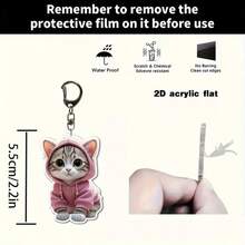 2D Flat, 1 Cute Pink Hoodie Kitten Keychain - Flat 2D Acrylic Keychain, Waterproof Bag Accessory, Women's Birthday Gift, Cat Enthusiast - Compact Wallet Accessory, Lively Design, Durable Buckle - 1pc - View 5