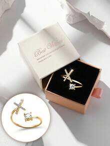 礼盒装 26 字母奢华水钻金色开口戒指，适合女性婚礼订婚派对生日礼物 - 金色 - 查看 25