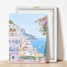 1pc, Canvas Framed Wall Art, Positano Coast Artwork, Pink Villa Decorative Painting, Mediterranean Style Decor, Italian Coastal Scenery, Folk Art Style, Spring Wall Art, Fashionable Home Decor, Room Decor, Bedroom Decor, Dormitory Decor, Living Room Decor