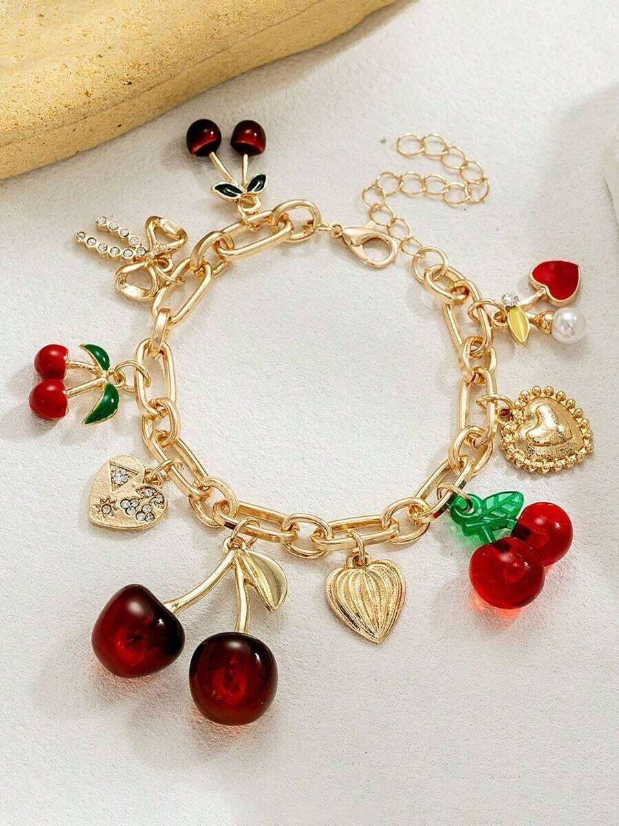 1pc Handmade Cherry Bow Heart Charm Bracelet, Golden Color Chunky Chain, Fashionable Cherry Bracelet Jewelry, Spring/Summer - một kích cỡ - Xem 1