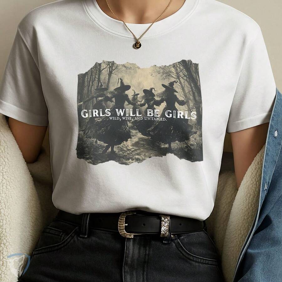 Girls Will Be Girls Printed Women's T-Shirt | Witches In The Forest Art - 白色 - 查看 1