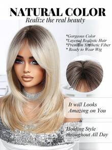 16英寸长波浪卷发假发，棕色挑染，中分浅金色卷发，适合女性日常佩戴，可用于派对、角色扮演、度假、家庭聚会、日常穿着，也是母亲节、开斋节、万圣节、圣诞节的理想礼物，以及送给女朋友的礼物。 - 挑染金色 - 查看 4