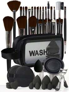 46件套化妆刷套装，混合化妆美容工具，化妆刷和粉扑套装包含：1个多功能防水拉链化妆包 + 25支化妆刷 + 4个化妆海绵 + 2个圆形粉扑 + 4个迷你化妆海绵 + 4个三角形粉扑 + 4个迷你心形气垫粉扑 + 1个睫毛夹 + 1个化妆刷清洁工具。基础化妆刷，快速上妆，适合初学者和专业化妆师。化妆刷套装，化妆刷套装，化妆刷套装，全套化妆工具，化妆刷套装，全套化妆工具，化妆刷套装，化妆刷套装，化妆礼盒套装