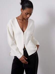 Se-Helo Women's Solid Color Minimalist Casual Design Loose Knit Long Sleeve Cardigan - White - View 5