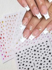 6片3D金色星星美甲贴纸，6片Y2K金色星星爆炸3D美甲装饰贴纸，6色金属法式自粘星星美甲贴纸，适合女性和女孩DIY美甲用品 - 彩色 - 查看 3