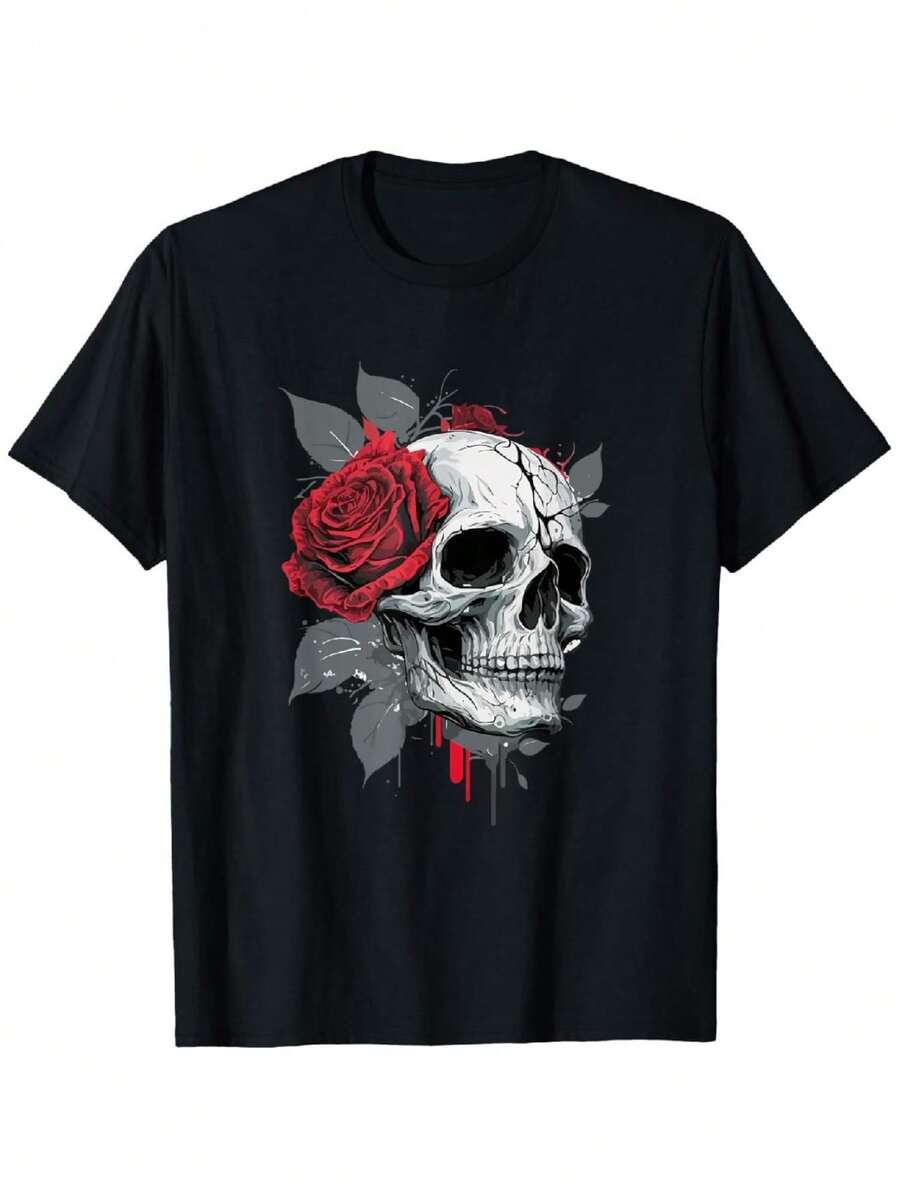 Rose Skeleton Skull Hand Red Flower Rose T-Shirt men gifts graphic tees