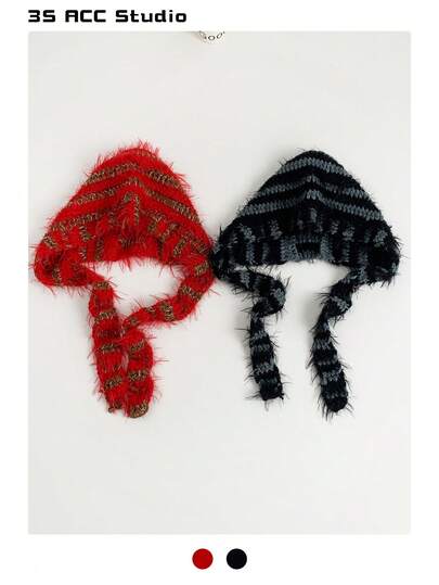 1pc Niche Design Red Beanie Hat, Elastic Large Head Circumference Knitted Warm Headscarf Cap For Women, Autumn/Winter; Unisex Knitted Ear Warmer Beanie Hoodie, Personalized Cool