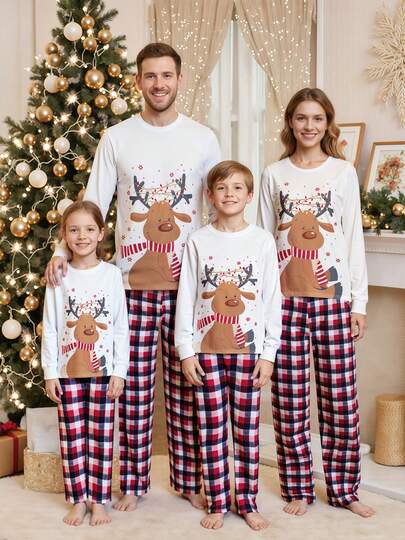 Ensemble de pyjamas assortis pour la famille, t-shirt à manches longues avec imprimé cerf et pantalon à carreaux. Vêtements de nuit et de détente