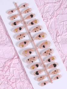 24 pezzi Unghie finte a mandorla stile minimalista oro e nero a forma di cuore, adatte per signore d'ufficio, uso quotidiano, appuntamenti, tè pomeridiano, attività all'aperto, con 1 lima per unghie, 1 colla gel, 1 bastoncino di legno