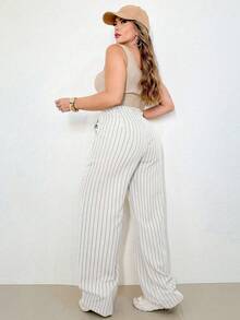 A&DD MODA, REF: H932(PLUS SIZE) - Plus Size Women's Striped Pants, Stylish Plus Size, High Waist, Wide Leg, Elegant, Casual, Formal, Lightweight, Modern, Comfortable, Women's Pants, Lightweight Fabric, Striped Print, Simple Look, Versatile, High Quality ✨ - 白色 - 查看 2