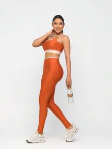 Premium Suplex Fitness Set With Pants And Non-Transparent Cup Top, Fitness Gym Clothing Kit, High Compression Leggings - Màu cam hai tông - Xem 4