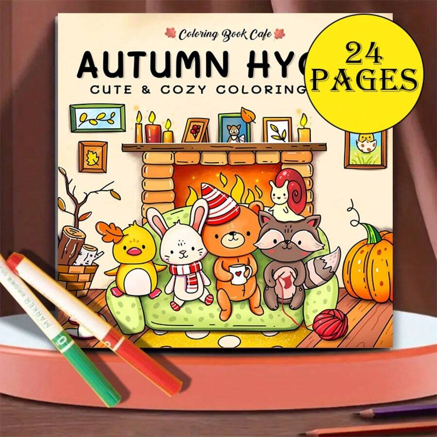 1 pezzo Libro da colorare Autunno Hygge, 20cm*20cm, 24 pagine, copertina morbida, ottima scelta per alleviare lo stress e godere della mente e del corpo, interazione genitore-figlio/colorazione immersiva, regalo di Natale e Ognissanti - Pezzo unico - Visualizzare 1