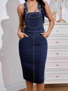 Women's Casual Denim Pinafore Dress With Pockets