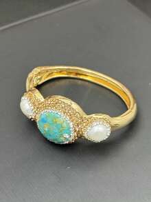 4 قطع طقم قلادة عتيقة من الفيروز مع تطعيم اللؤلؤ الطبيعي، مصنوعة يدويًا من الكريستال التشيكي