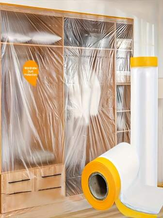  1 rulle tjock plastfilm för dammskydd, skyddande ark för möbelrenovering, dammtät plastfilm med maskeringstejp, vattentätt skyddslock för att förhindra damm, färg, olja för möbler, mattor, golv, förpackningar