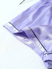 Bộ đồ ngủ 2 món bằng vải satin kẻ sọc, áo dài tay cài nút cổ cao và quần dài thắt nơ, đồ ngủ mặc ở nhà, mùa thu/đông - Màu tím  Violet - Xem 7