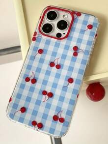 时尚蓝色格子樱桃图案手机壳，兼容 17 Air、16、17 Pro Max、15、14 Pro、13、12、11 Plus，撞色手链糖果色保护套 - 藍色格子 - 查看 6