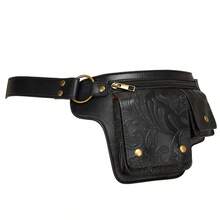 Style Waist Bag - Vintage Synthetic Leather Fanny Pack With Multiple Compartments, Golden Studs & Buckles For Women, Perfect For Outdoor Sports, Travel, And Casual Wear - 壓變黑色 - 查看 11