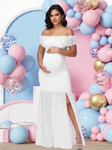 JustVH 孕妇花卉露肩连衣裙雪纺开衩下摆长袍适合迎婴派对优雅弹力长裙女装拍照