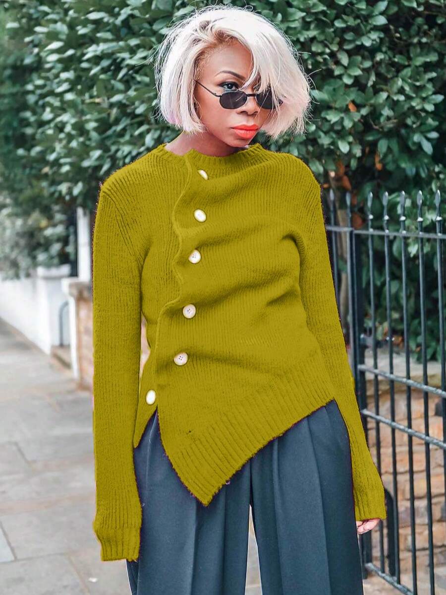 GLOURI Women's Sweater - Front Button Knit Top With Asymmetric Hem & Round Neck | Office To Weekend Pullover For Business Casual (Medium Stretch) - Mustard Yellow - View 1