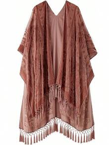 Women's Burnout Velvet Kimono Long Cardigan Cover With Tassel - ((Lá mùa thu) - Xem 1