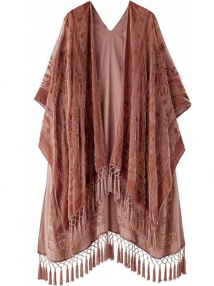 Women's Burnout Velvet Kimono Long Cardigan Cover With Tassel - ((Lá mùa thu) - Xem 1