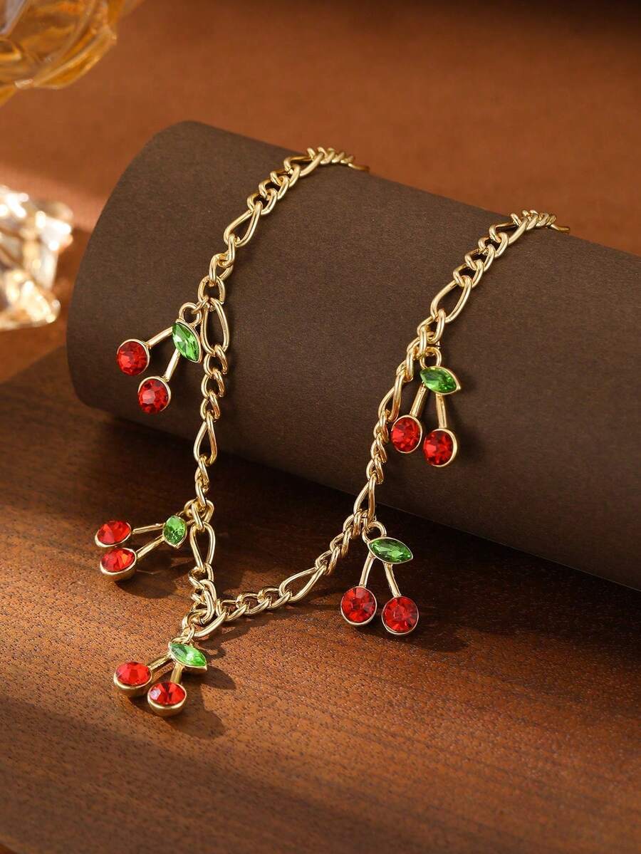 1pc Women's Fashion Jewelry, Vintage Style 18K Gold-Plated Cherry Pendant Necklace, Suitable For Vacation & Fashion, Cute Daily Accessory, Luxurious & Playful, Velvet Bag Included