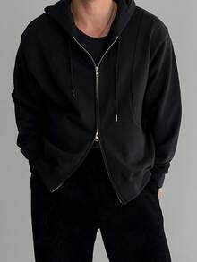 男士纯色连帽卫衣，重磅拼接设计休闲宽松套头衫，适合春秋季节及所有季节 - 黑色 - 查看 1