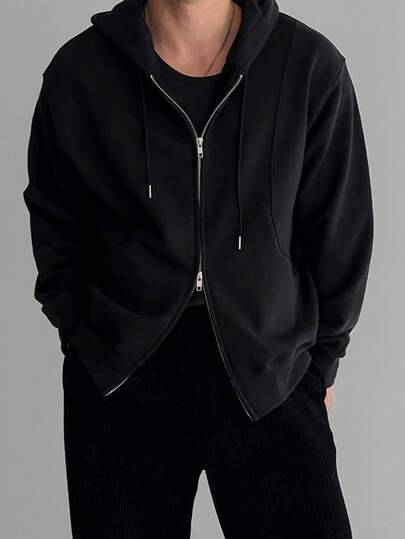 男士纯色连帽卫衣，重磅拼接设计休闲宽松套头衫，适合春秋季节及所有季节