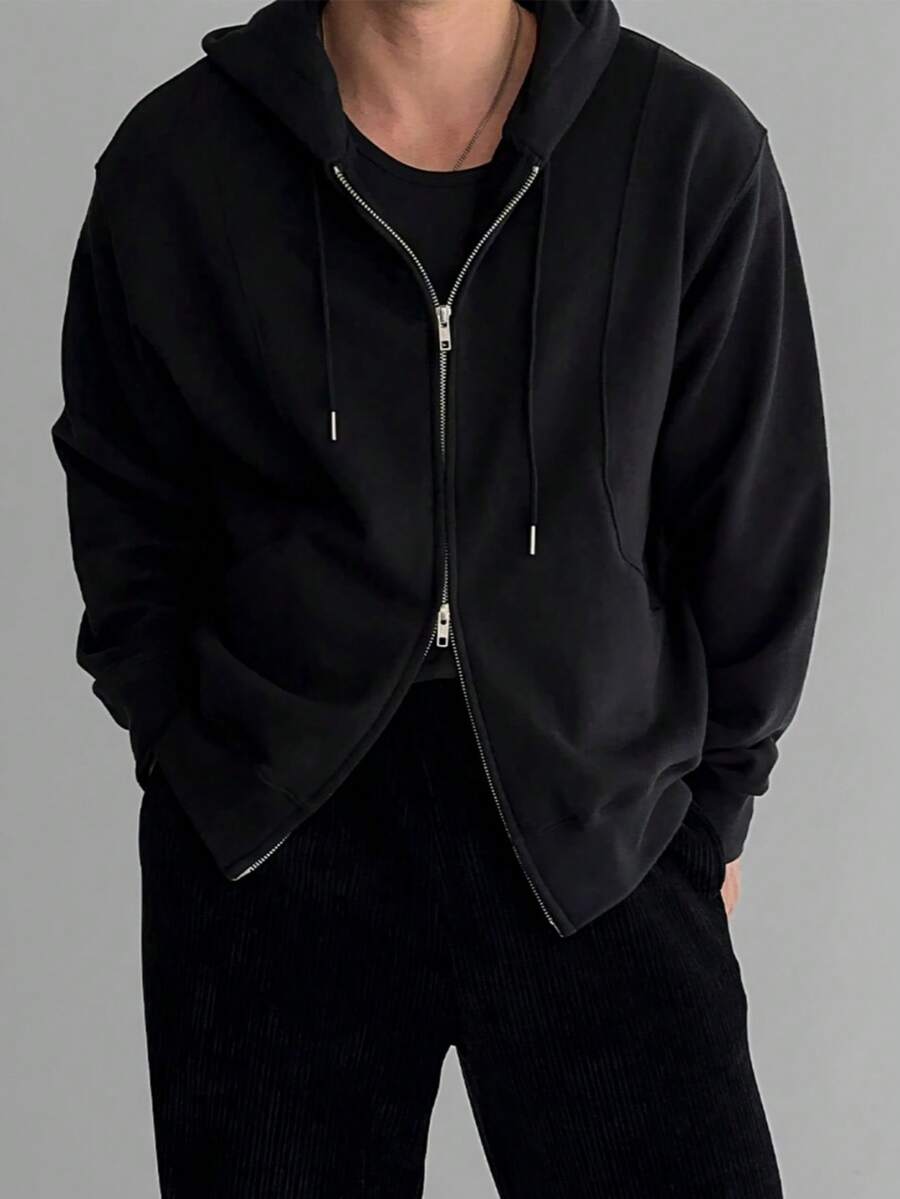 男士纯色连帽卫衣，重磅拼接设计休闲宽松套头衫，适合春秋季节及所有季节 - 黑色 - 查看 1