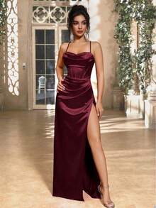 Women's Elegant Chestnut Satin Spaghetti Strap Ruched Decor Back Tie Slit Dress, Suitable For Banquet, Party, Wedding Bridesmaid
