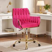 Velvet Modern Home Office Vanity Chair, 360° Swivel Adjustable Height Makeup Desk Chair With Golden Base And Hand Woven Backrest For Bedroom/Study/Vanity - 玫紅色 - 查看 8